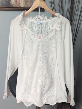 Bunulu Boho White Eyelet Tie-Neck Peasant Blouse NWT